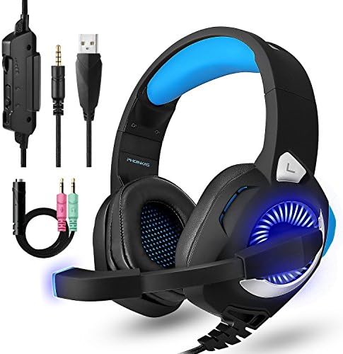 PS4 Headset Gaming, PC Headset with Micophones,Surround Sound Over-Ear Headphones with Noise Cancelling Mic, LED Lights, Volume Control for Laptop, Mac, iPad, Computer, Nintendo Switch,Blue