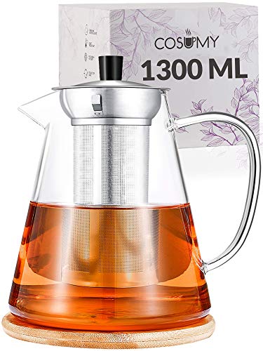 Cosumy Teekanne Glas mit Edelstahl Siebeinsatz 1,3 L - Mit Untersetzer - Hitzebeständig - Hält lange warm - Spülmaschinenfest