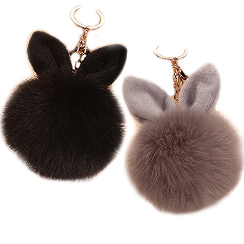 LissomPlume 2pcs Rabbit Ear Fur Ball Bag Charm Gold Keyring Pom Keychain Pendant