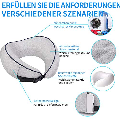 Yarrashop Travel Neck Pillow Orthopaedic Neck Pillow Sleeping Memory Foam Fabric Ergonomic Neck Support Pillow for Comfortable Sleep on Plane, Car or Train Update Gray