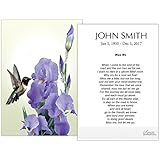 Funeral Memorial Prayer Cards (50 Cards) FPC1188EN Hummingbird and Iris Flower (Custom Printed - Select Desired Prayer)
