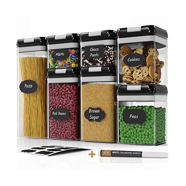 Chefs-Path-Airtight-Food-Storage-Container-Set-Labels-Marker-Kitchen-Pantry-Containers-Ideal-for-Flour-Cereal-Spaghetti-Pasta-more-Clear-Plastic-Canisters-with-Durable-Lids Chef's Path Airtight Food Storage Container Set - Labels & Marker - Kitchen & Pantry Containers - Ideal for Flour…