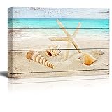 Wall26 Canvas Prints Wall Art - Starfish and Seashells on the Beach with Vintage Wood Background - 16