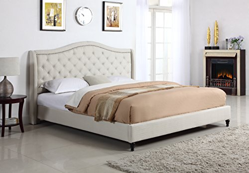 Home Life Cloth Light Beige Cream Linen Curved Hand Diamond Tufted and Nailed Headboard 53" Tall Headboard Platform Bed with Slats Queen - Complete Bed 5 Year Warranty Included 013