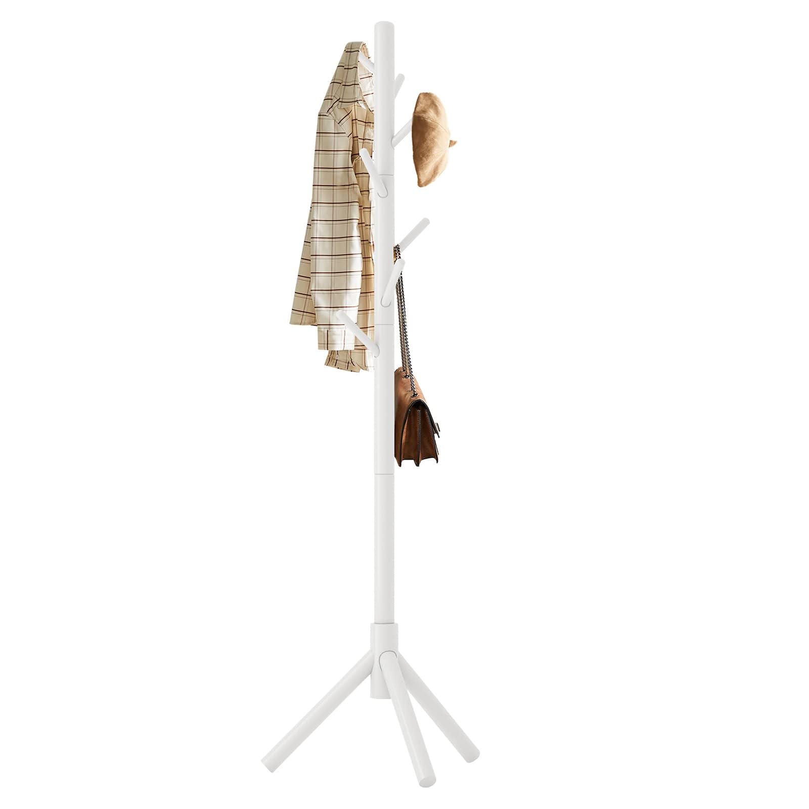 Aibiju Coat Rack Free Standing, Coat Tree With 8 Hooks and 3 Height Options, Wood Coat Hanger Stand, Suit for Adults,Kids, Home/Entryway/Hallway (White),YD-1005
