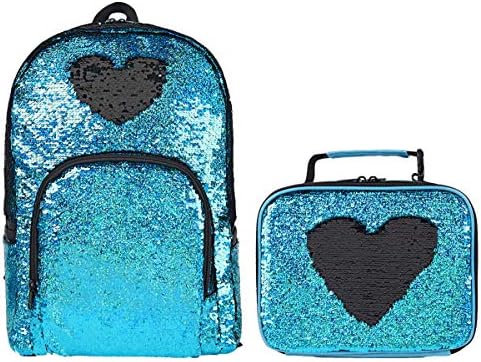 Reversiable Sequins School Backpack&Insulated Lunch Bag Tote Cool Box for Kids Girls Women Boys, Set of 2