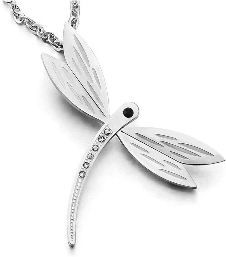 Beautiful Girls Ladies Steel Dragonfly Pendant Necklace with Black White Cubic Zirconia, 20 in Chain