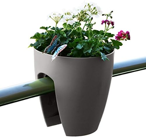 Greenbo Deck Rail Planter Box with Drainage trays, round 12-Inch, Color Gray - Set of 6
