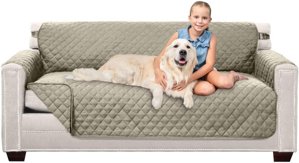 Slipcovers - Sofa Shield Patented Couch Slip Cover, Large Cushion Protector, Reversible Stain and Dog Tear Resistant Slipcover, Quilted Microfiber 70” Seat, Washable Covers for Dogs Pets Kids, Light Taupe