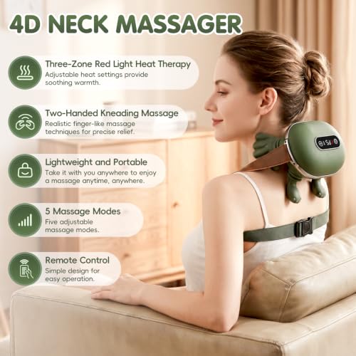 Masajeador Cervical y Espalda con Calor,4D Masajeador Cervical con Mando a Distancia 5 Niveles de Intensidad y 2 de Calor Masajeador de Cuello Masaje Profundo para Relajar Músculos