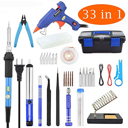 Soldering Iron Kit Electronics 33 in 1, Upgraded 60W Adjustable Temperature Soldering Iron with ON/OFF Switch,Mini Hot Glue Gun,5-in-1 Screwdriver,5 Tips,Solder Wire,Solder Sucker,Tweezers,Stand,Case - Thumbnail 7