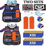 POKONBOY Set of 2 Tactical Vest Kits, 2 Vests, 2 Wrist Bands, 2 Quick Reload Clips (12-Darts), 2 Protective Glasses , 2 Face Tube Mask and 100 Bullets for Kids Battle Fun