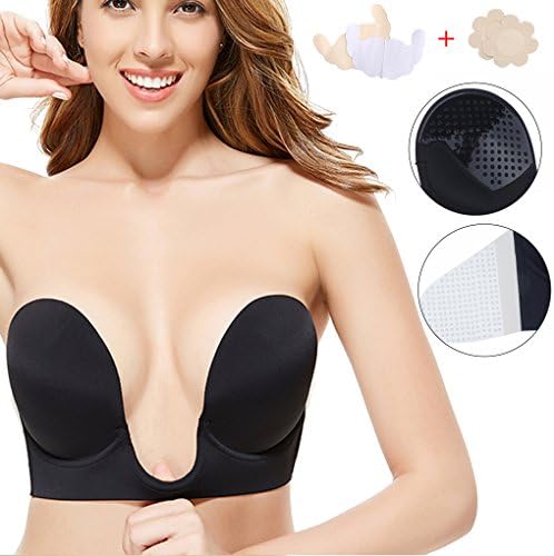 Gempack Deep U Plunge Invisible Push up Bra Sticky Strapless Backless Bra for Women Comfortable Reusable Silicone Bra (Black, D)