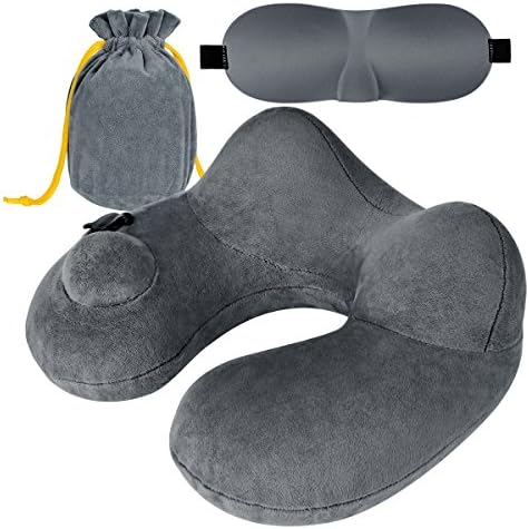JUROGAN Travel Pillow Inflatable Velvet Neck Support for Machine Washable Grey