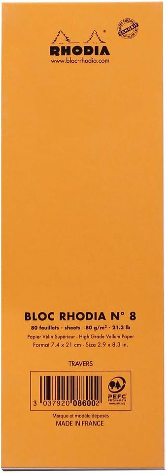 RHODIA 8600C, Stapled Notepad N°8 Shopping Orange, 7.4x21 cm, Lined, 80 Detachable Sheets, 80G Clairefontaine Paper, Soft - Image 4