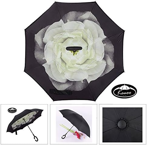 Double Layer Travel Inverted Umbrella By KEUOO Cars Reversible Driver C-Hook Reverse Hands Free Umbrella (Gardenia)
