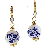 Ceramic Blue Floral Drop Earrings, Gold-Tone Crystal Accents, White and Blue Porcelain Beads