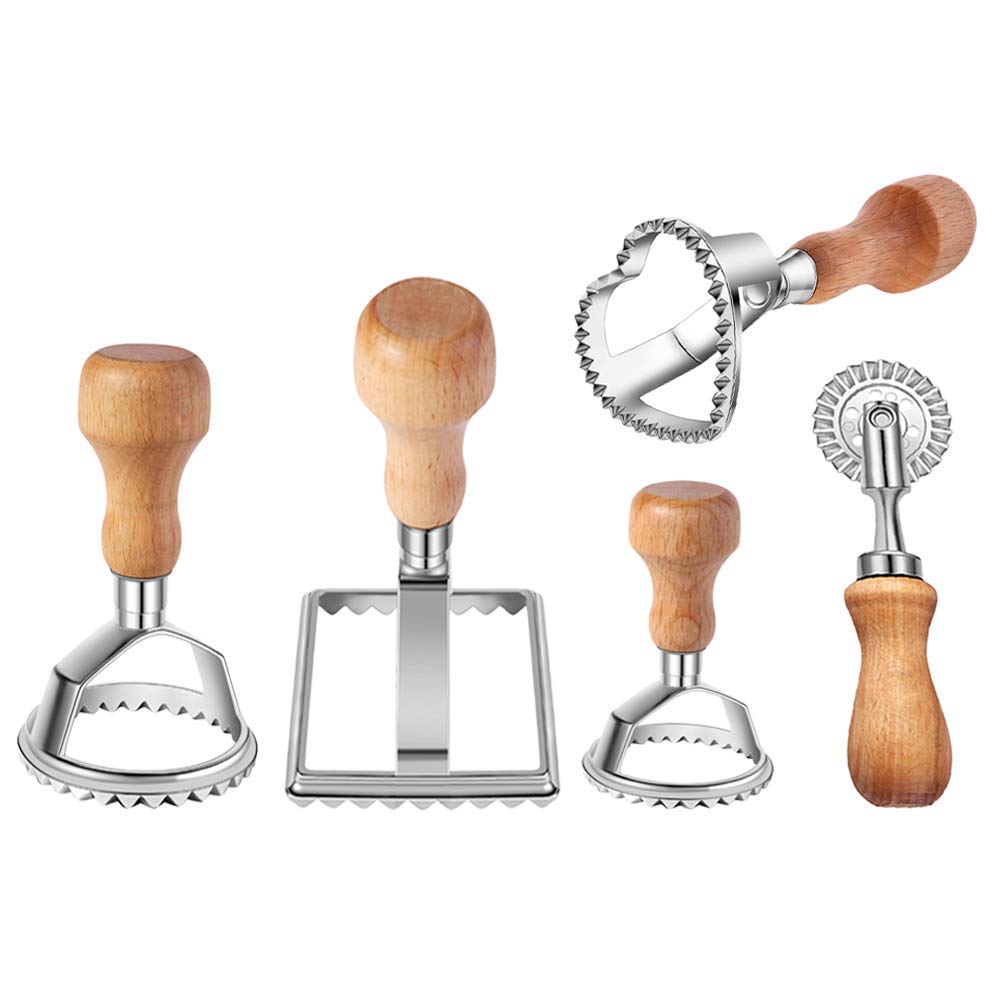 Ravioli Stamp Maker Cutter with Roller Wheel Set, MASTER FENG Mold with Wooden Handle and Fluted Edge, Pasta Press Kitchen Attachment (4 Set and Cutter)