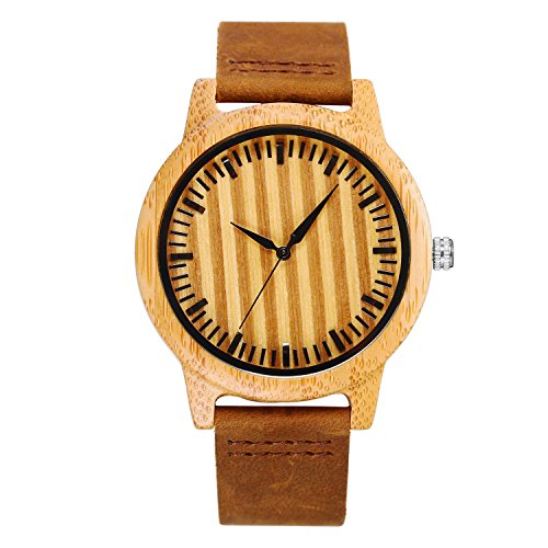 CUCOL Mens Bamboo Wooden Watches Stripe Brown Cowhide Leather Strap Japanese Quartz Movement for Groomsmen with Gift Box