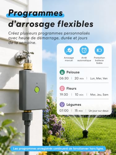 meross Programmateur Arrosage WiFi avec Smart Hub, Arrosage Automatique pour Jardin, App & Commande Vocale, Pause Pluie, Suivi Conso d’Eau, Raccords en Laiton, IP65, Alexa, Google et Apple Home, Gris
