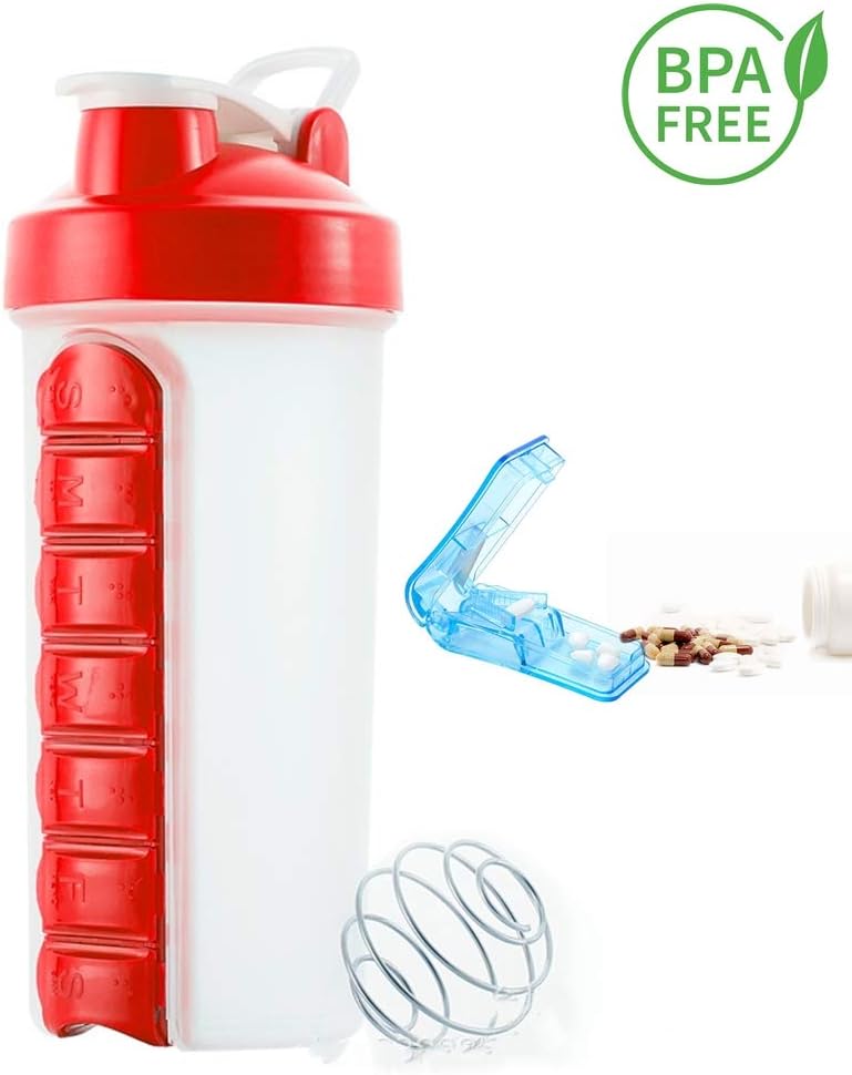 Needyounow Creative Protein Shaker Bottle, Water Bottle with Pill Box Organizer, Portable Water Cup with Pill Cutter (red)