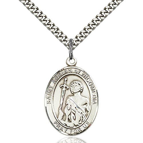 Sterling Silver St. Adrian of Nicomedia Pendant 1 x 3/4 inches with Heavy Curb Chain