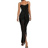 SKAYS Women's Summer Cami Ruffle Ruched mesh Elegant Split Bodycon Maxi Party Wedding Guest Dress