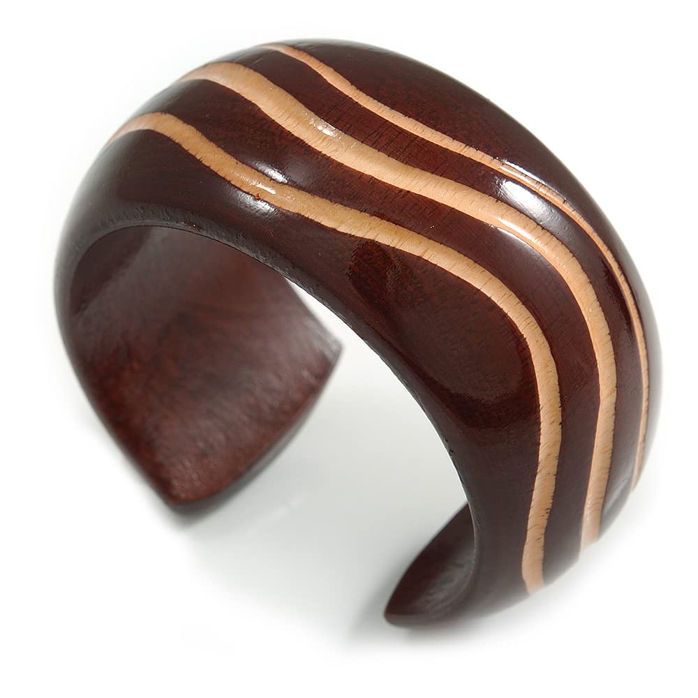 Avalaya Wide Chunky Wooden Cuff Bracelet/Bangle with Wavy Pattern/Medium/Possible Natural Irregularities