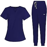 VIAOLI Scrubs for Women Set Modern V-Neck Top & 8 Pocket Jogger Pants Nursing Uniform Solid Stretch Workwear