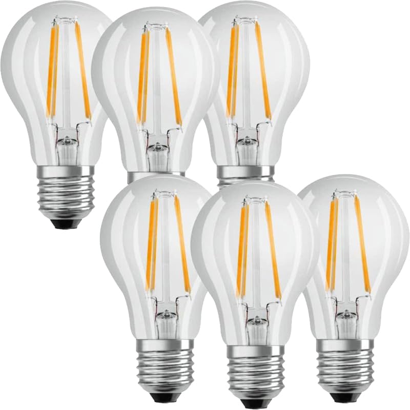 6 x Osram 6w LED E27 Light Bulb | Energy Efficient 6W = 60 Watt Equivalent | Classic A60 Shape, Edison Screw Base, Filament Style, Clear | 806lm, 4000k Neutral White | 15 Year Life