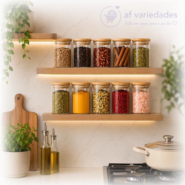 Kit 10 Potes Herméticos de Vidro 250 ml com Tampa de Bambu Redondo | Conjunto de Porta Mantimentos | Organizador de Cozinha com Vedação de Silicone para Temperos, Grãos, Café, Açúcar e Alimentos