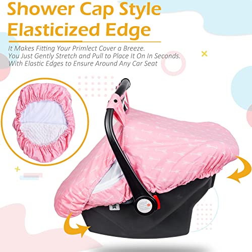 Carseat Canopy for Girl with Upgraded Extra Large Breathable Peep Window - Baby Car Seat Cover with Soft Stretchy Minky Material Inside for Lots of Different Weather(Pink Arrow）