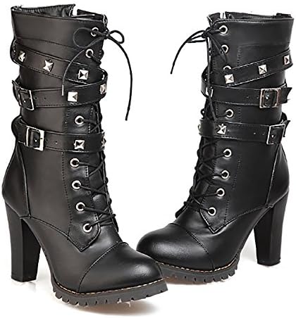 Ifantasy Fashion Women's Lace Up Ankle Booties Punk Rock Rivet Chunky Heel Leather Military Combat Boots