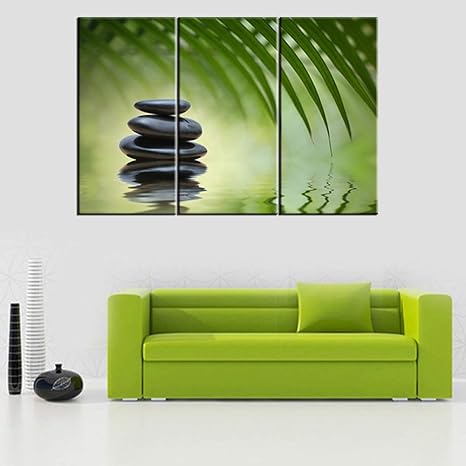 Amazon Com Green Bamboo Wall Picture Zen Stone Canvas Wall Art River Waves Painting Stil Life Artwork Modern Home Decor Living Room 3 Panel Wooden Framed Stretched Ready To Hang Poster And Prints 36wx24h