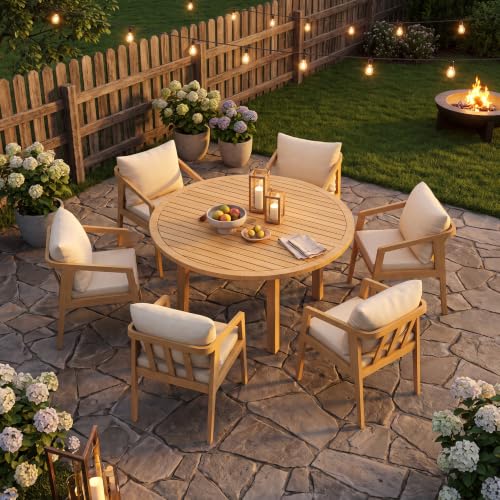FansaFurn 7 Piece Acacia Outdoor Patio Table and Chairs Set for All-Weather