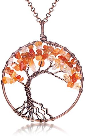 Uniki Tree of Life Pendant Amethyst Rose Crystal Necklace Gemstone Chakra Jewelry Christmas Gifts (Red Agate)