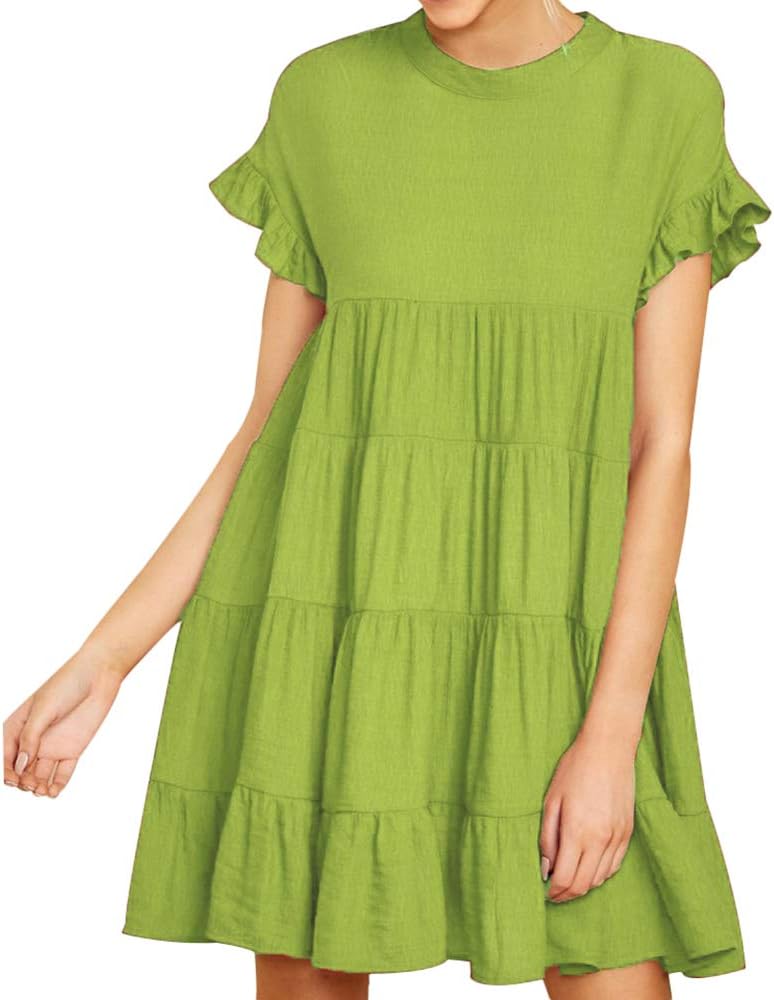 Joteisy Women’s O Neck Ruffle Short Sleeve Tiered Casual Mini Dress (S, Light Green)