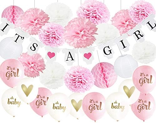 HappyField 32ps Baby Shower Decorations Girl It's a Girl Banner,Oh Baby Ballons,It's A Girl Ballons Tissue Paper Pom Poms Paper Lanterns Honeycom Balls Girl Baby Shower Decorations