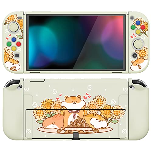 playvital ZealProtect Soft Protective Case for Nintendo Switch OLED, Flexible Protector Joycon Grip Cover for Nintendo Switch OLED with Thumb Grips & ABXY Direction Button Caps - Hamster & Sunflower