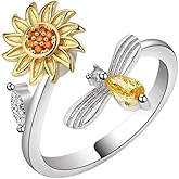 14K Karat White & Yellow Gold Plated Adjustable Sunflower Flower Bee Spinner Ring - Fidget Jewelry for Women, Anxiety Rings, Fidget Rings for Anxiety- Nickel Free, Hypoallergenic, Waterproof