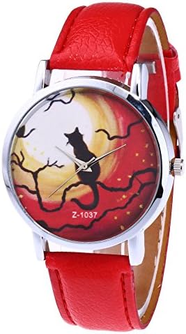 Fashion Ladies Watch Cute Cat Sitting on a Branch Sunset Pattern Leather Strap Analogue Quartz Wrist Watches for Women Girls, Red