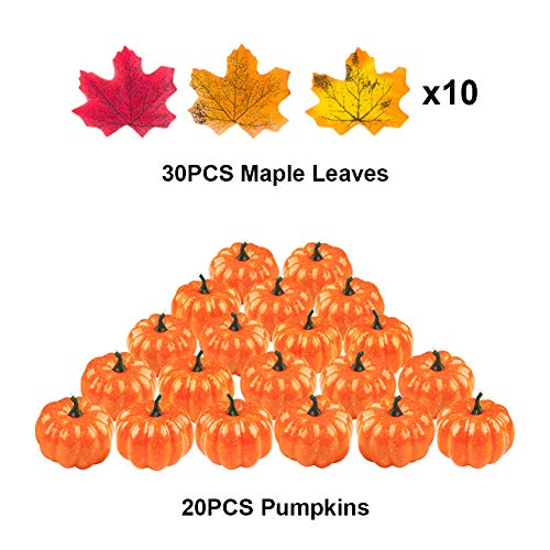 Toopify Artificial Pumpkins, 20PCS 3.15" Fake Pumpkins with 30PCS Lifelike Maple Leaves, Lifelike Simulation Pumpkins for Decorating Halloween Thanksgiving Wedding Centerpieces
