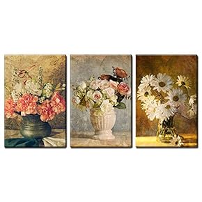 3 Panel Vintage Style Vases of Flowers x 3 Panels
