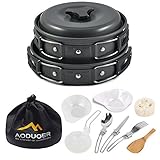 Aoduoer Camping Cookware Mess Kit Outdoor Cooking Equipment Cookset Camp Pot Pan Bowls – Free Folding Utensil Set, Mess Bag | Lightweight, Compact, Durable for Backpacking Hiking Scouts