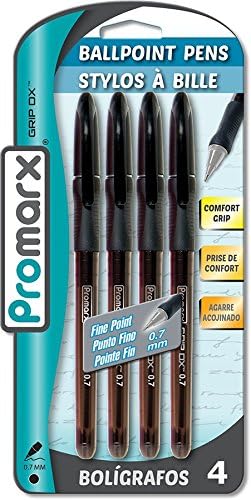 Useful Universe Promarx Grip DX Fine Ballpoint Pens with Clear Barrel, Black, 0.7mm, 4 Count