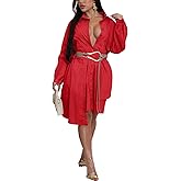 Ekaliy Women's Collar V Neck Button Down Shirt Dress Cotton Cotton Puff Long Sleeve Loose Midi Dress