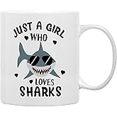 QASHWEY Shark Mug, Sharks Cup, Shark Gifts for SharkLovers, Funny Sharks Mugs Tea Cups Gifts for SharkLovers Women Girls, Just a Girl Who Loves Sharks Coffee Mugs Cups Ceramic 11oz