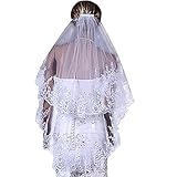 2 Tier Lace Sequins Edge Bridal Wedding Veil with Comb Fingertip Length