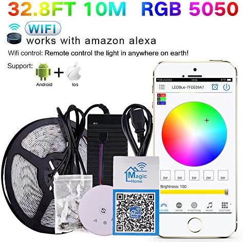 Korjo 32.8ft Wifi Led Light Strip Kit with 24V Power Supply and Wifi Remote Controller Smart Phone Controlled 5050 Led Strip Light 600LEDS Waterproof RGB Rope light for Android, IOS and Alexa