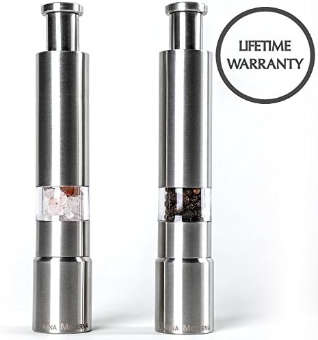 Salt and Pepper Grinder Set of 2 Brushed Stainless Steel Pump Mills / Shakers. Best Sleek and Modern Design by Cucina Moderna. Easy Thumb Push Operation, Perfect Gift Box